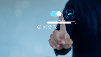 Hand turning on VPN with loading bar and digital security icons, representing online privacy,...