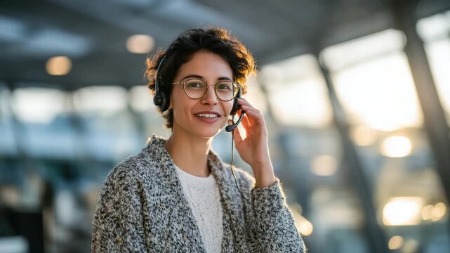 An Indian customer service representative, headset on, adjusts her glasses while engaging with a client in a sunlit, modern call center.