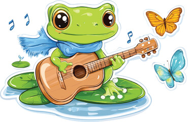Naklejka premium Cartoon Frog Playing Guitar on Lily Pad with Butterflies and Musical Notes Illustration