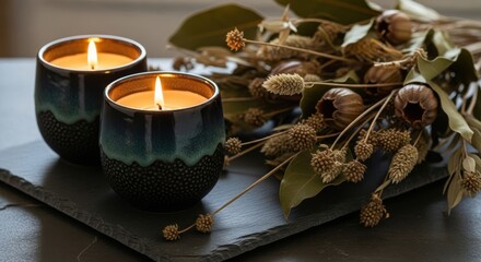 Cozy evening ambiance with lit candles and dried flowers