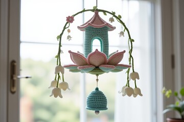 Handmade crocheted mobile featuring a pagoda lotus flower and bell adorned with lily of the valley