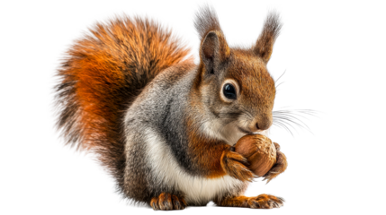 Squirrel holding a nut with soft fur and vibrant tail in nature