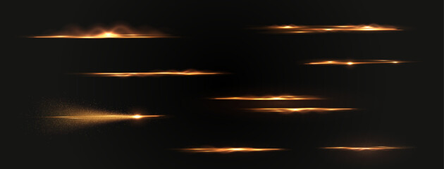 Horizontal light streak PNG with glowing golden rays and particles. Abstract motion blur energy effect on black background. Ideal for sci-fi, overlays, magic beams, and cinematic design.