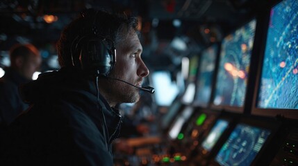 A crew member wearing a headset engaged in communication with others surrounded by multiple screens that display radar images AIS data and navigation charts highlighting potential obstacles.