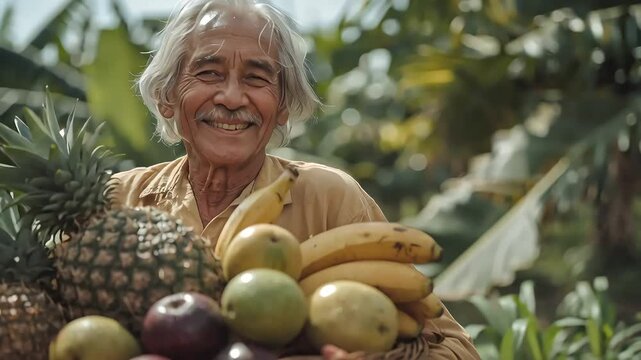 Happy senior Asian farmer proudly showing a bountiful harvest of fresh tropical fruits from his organic farm.