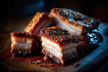 Delicious, cubed pork belly on a wooden board with crispy skin and fatty meat