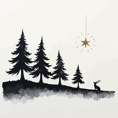 Obraz premium Silhouette of pine trees and a deer with a golden star for winter themes and festive decorations