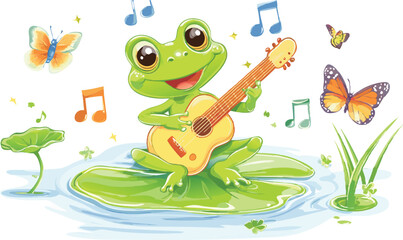 Fototapeta premium Cartoon Frog Playing Guitar on Lily Pad with Butterflies and Music Notes Illustration