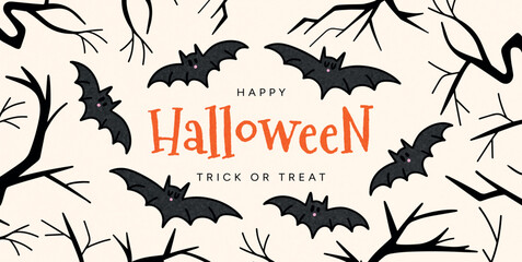 Flying bats around Happy Halloween lettering, surrounded by dark spooky tree branches. Night forest concept. Vector illustration for Halloween greeting card, party invite or seasonal banner, promo