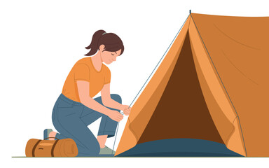 Woman Setting Up Camp Outdoor Adventure Illustration