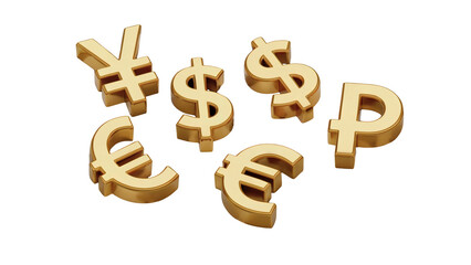 Gleaming gold currency symbols like USD, Euro, Yen, and Ruble signify global finance and wealth.