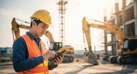 Technician monitoring structural development through mobile computer on site.