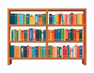Illustration of a wooden bookshelf filled with colorful books arranged on three shelves against a white background.