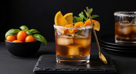 Refreshing amber cocktail garnished with orange slices and mint leaves