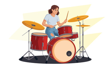 A captivating flat vector illustration showcasing a female musician passionately playing drums, depicting rhythm and artistic expression.