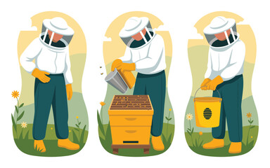 Beekeeping Process A Flat Vector Illustration of Apiary and Beehives
