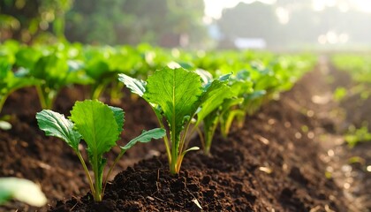Obraz premium Young green plants in rows of rich soil