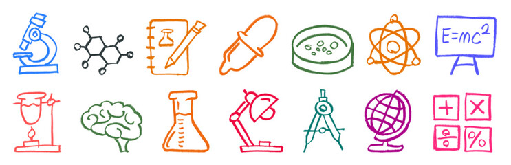 Science Research Related Icons Crayon Chalk Doodle Drawing Vector Set