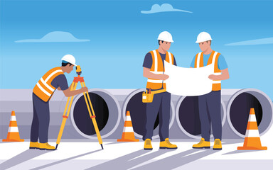 Construction Team Inspecting Plans at Building Site Vector Illustration