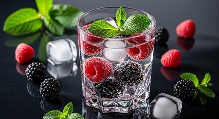 Refreshing berry and mint infused water with ice cubes