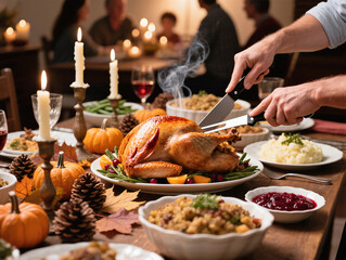 Family celebrating thanksgiving dinner, carving roasted turkey on festive table