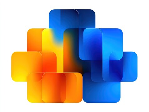 Abstract composition of overlapping translucent rounded rectangles in vibrant orange and blue gradients creating dynamic modern digital design background
