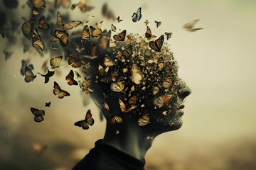 Human Figure Breaking Apart into Flying Birds Conceptual Art