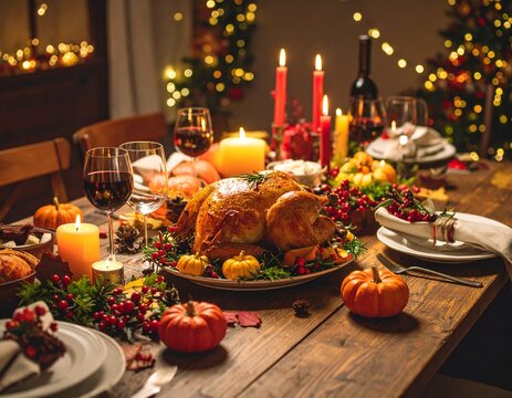 Celebrating thanksgiving with roasted turkey, festive decorations, and warm candlelight