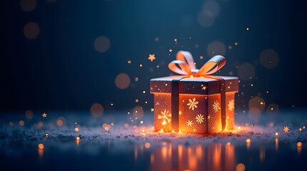 Boite-cadeau Jaune illuminée de blanc, centrée sur l'image, isolée sur un lit de neige, entouré de flocons et paillettes dorés. Fond bleu nuit, invitation aux fêtes de fin d'année | Noël carte-cadeau