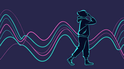 Person listening to music with headphones silhouette and neon waves background illustration graphic design