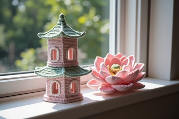 Crochet pagoda structure and pink lotus flower on a windowsill with greenery outside