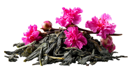 Blooming pink tea flowers on loose leaves, cut out transparent