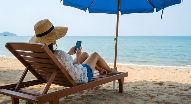 A woman in a straw hat relaxes on a lounge chair under a beach umbrella, using her phone