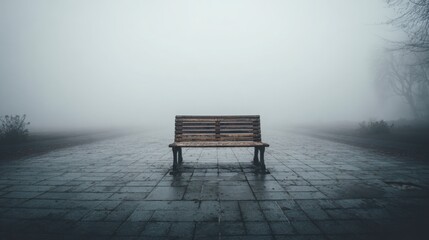 Solitary wooden bench sits on a wet cobblestone path in dense fog