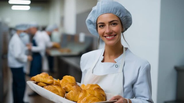 A woman wearing a white apron and a blue hat is holding a tray of croissants. She is smiling and she is happy. The croissants are golden brown and look delicious