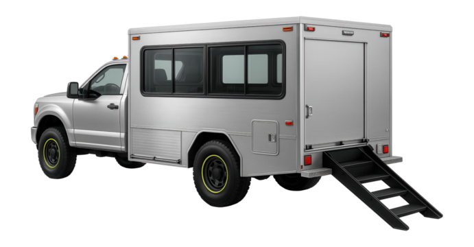 Forensic response truck with integrated workspace and rear loading ramp