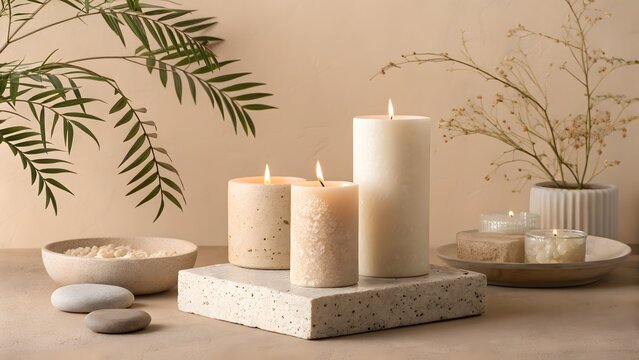 Still life of candles, stones, and plants arranged on a table in a calming and neutral setting - Powered by Adobe