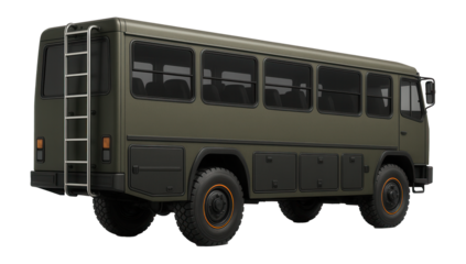 Military-grade bus with rear access ladder and external cargo compartments