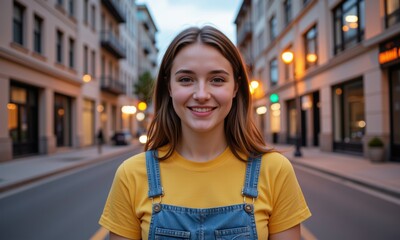 Young woman with a bright smile stands on a city street with buildings and streetlights