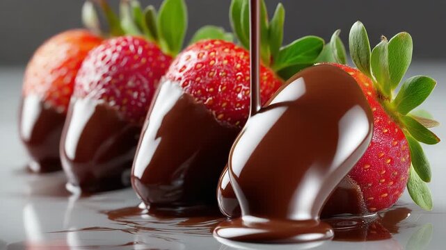 A close up of four strawberries with chocolate drizzled on top. Concept of indulgence and luxury, as the chocolate-covered strawberries are a decadent treat. The presentation is visually appealing