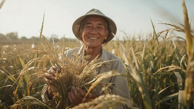 A smiling senior Asian farmer stands in a lush paddy field, holding freshly harvested rice with a look of contentment and pride.