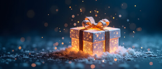 Boite-cadeau blanche illuminée centrée, isolée sur un lit de neige, entouré de flocons et paillettes dorés. Fond bleu nuit, invitation aux fêtes de fin d'année  | Noel carte cadeau