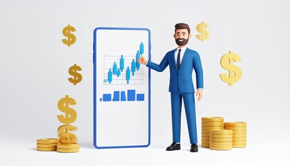 3D businessman in blue suit giving thumbs-up beside stacks of gold coins, framed by floating dollar signs and green/red candlestick charts—illustrating investment success, trading confidence, and fina