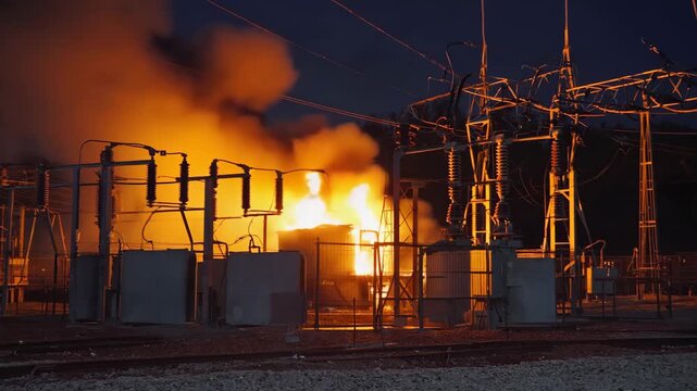 Burning transformer in electrical substation at night