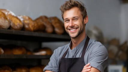 A man with a beard stands in front of a bakery with apron on. He is smiling and looking at the camera - Powered by Adobe