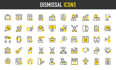 Dismissal vector icons. Compete, Cancelation, Burden, Dismiss, Factory, Contract, Search, Discussion, Cancellation, Workplace, Angry, Rejection, Unemployment illustration.	
