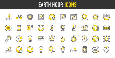 Earth hour vector icons. Global Warming, On Off, No Light, Clock, Happy, Polar Bear, Save The Planet, Switch Off, Chronometer, Think Green, Connection, Take Care illustration.	
