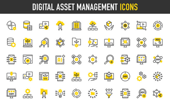 Digital asset management vector icons. Digital Asset, Database Table, Procession, Advance Search, Workflow, Acceleration, Distribute, Cube, Digital Asset, Idea illustration.	

