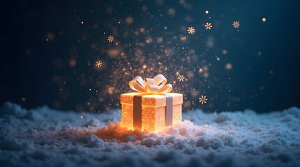 Boite-cadeau blanche illuminée centrée, isolée sur un lit de neige, entouré de flocons et paillettes dorés. Fond bleu nuit, invitation aux fêtes de fin d'année  | Noel carte cadeau