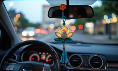Crocheted lotus car pendant with vibrant blue tassels and orange accents hangs from rear view mirror